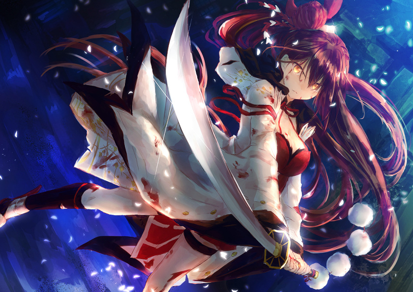 1girl azur_lane blood blood_stain bloody_clothes brown_hair dress eyeliner hair_ornament holding holding_sword holding_weapon injury japanese_clothes kanzashi katana long_hair makeup ponytail red_dress rudder_footwear shoulder_strap solo sword tsumami_kanzashi user_uuky3283 weapon yellow_eyes zuikaku_(azur_lane)