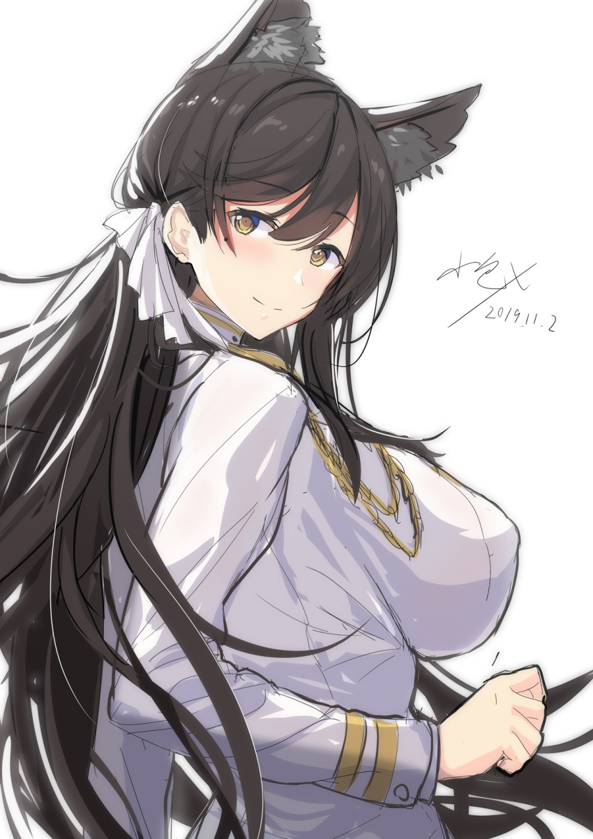 1girl animal_ears atago_(azur_lane) azur_lane bangs black_hair blush breasts brown_eyes closed_mouth dated extra_ears eyebrows_visible_through_hair from_side hair_ribbon highres jacket large_breasts long_hair looking_at_viewer military military_uniform mole mole_under_eye ribbon signature simple_background smile solo swept_bangs uniform white_background white_jacket white_ribbon xkc