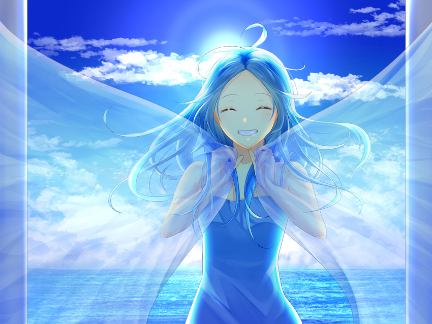 1girl ^_^ ahoge backlighting blue_dress blue_hair blue_sky closed_eyes clouds column commentary_request curtain_grab curtains dress facing_viewer grin highres horizon koromaru_183 long_hair ocean original pillar sky sleeveless sleeveless_dress smile solo standing sun teeth upper_body very_long_hair