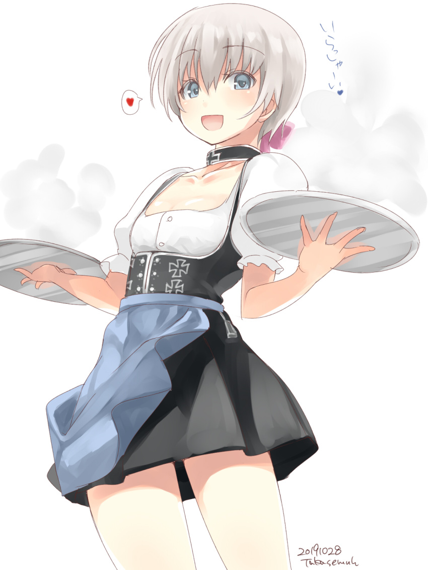 1girl :d alternate_costume apron artist_name blue_apron blue_eyes cowboy_shot dated dirndl flat_chest german_clothes heart highres kantai_collection open_mouth short_hair signature silver_hair simple_background smile solo spoken_heart standing takase_muu tray waitress white_background z1_leberecht_maass_(kantai_collection)