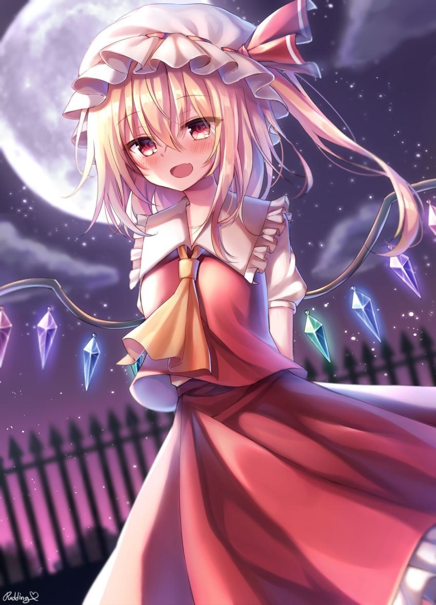 1girl arms_behind_back artist_name blonde_hair blush breasts clouds commentary_request cowboy_shot cravat dutch_angle eyebrows_visible_through_hair fang fence flandre_scarlet frilled_shirt_collar frills full_moon gradient_sky hair_between_eyes hat hat_ribbon highres ironwork looking_at_viewer mob_cap moon night night_sky open_mouth outdoors pudding_(skymint_028) puffy_short_sleeves puffy_sleeves red_eyes red_skirt red_vest ribbon shirt short_hair short_sleeves side_ponytail skin_fang skirt sky small_breasts solo standing star_(sky) starry_sky touhou vest white_headwear white_shirt wings yellow_neckwear