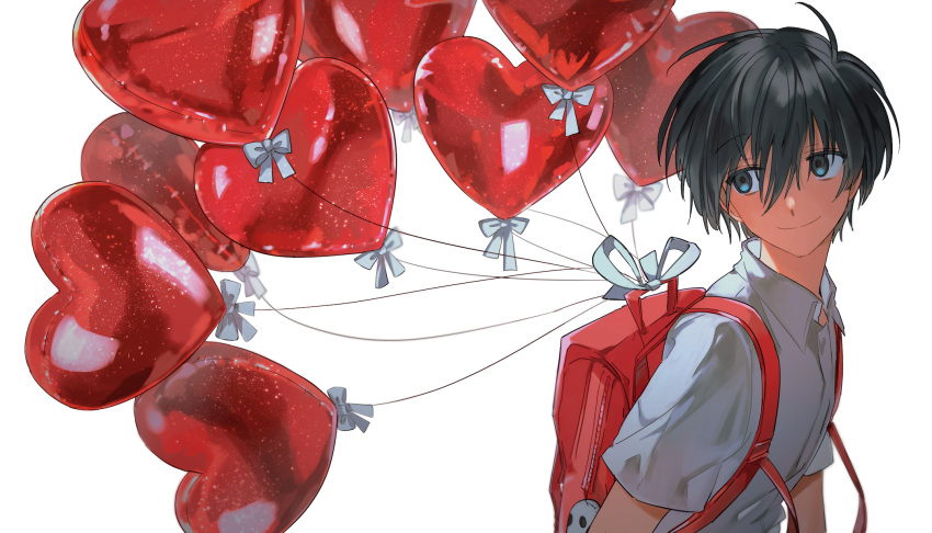 1boy backpack bag balloon black_hair blue_eyes blurry collared_shirt depth_of_field dress_shirt extraspiky heart_balloon highres looking_back male_focus original ribbon shirt short_hair simple_background smile solo string upper_body white_background white_ribbon white_shirt