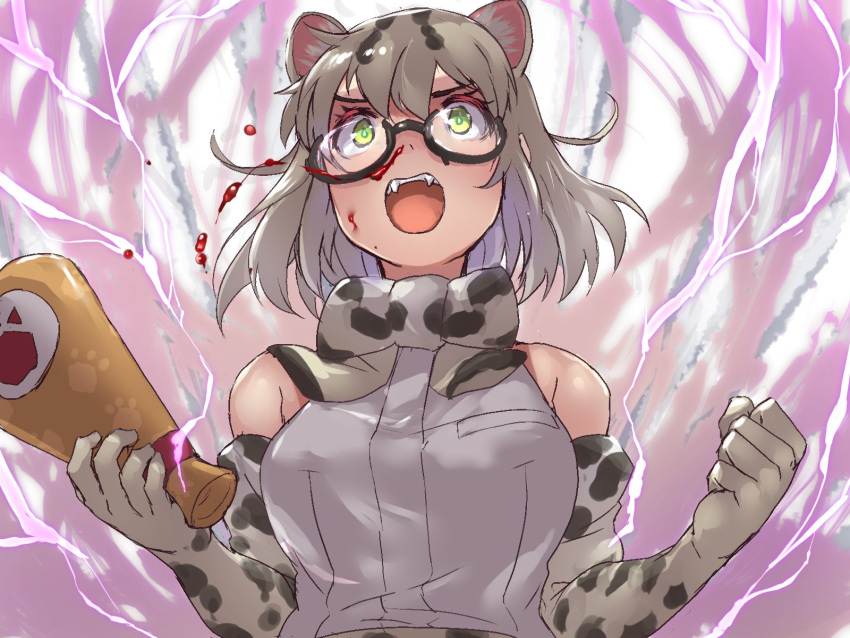 1girl animal_ear_fluff animal_ears bangs bare_shoulders black-framed_eyewear blood bow bowtie cat_ears clenched_hand commentary elbow_gloves electricity extra_ears fangs glasses gloves green_eyes grey_hair highres kemono_friends looking_away margay_(kemono_friends) margay_print megaphone nosebleed open_mouth print_gloves print_neckwear semi-rimless_eyewear shirt short_hair sleeveless sleeveless_shirt solo tadano_magu under-rim_eyewear upper_body white_shirt