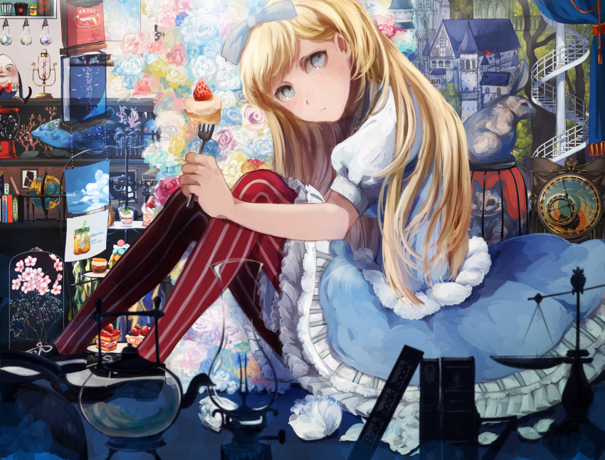1girl alice_in_wonderland blonde_hair blue_eyes doll_house expressionless flower food fork frills fruit gothic_lolita graphite_(medium) highres holding holding_fork light_bulb lolita_fashion long_hair looking_at_viewer oil_lamp rose scales solo spiral_staircase stairs strawberry strawberry_shortcake tomoyami traditional_media