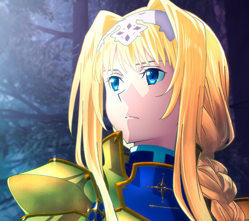 alice_schuberg artist_request blonde_hair blue_cape blue_eyes braided_ponytail cape floating_hair gold_armor hairband highres long_hair shoulder_armor sword_art_online sword_art_online_alicization white_hairband