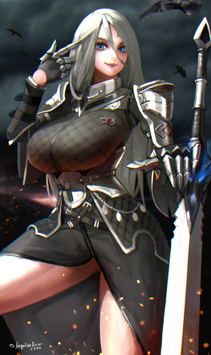 1girl absurdres angelise_reiter armor armored_dress bird black_dress blue_eyes borrowed_character breasts commentary commission commissioner_upload corset crest crow dress english_commentary faulds final_fantasy final_fantasy_xiv forehead_jewel front_slit gauntlets hair_between_eyes highres hiragana_(gomasyabu) huge_weapon hyur large_breasts lips pauldrons planted_sword planted_weapon silver_hair smile solo sword thighs uniform weapon zweihander