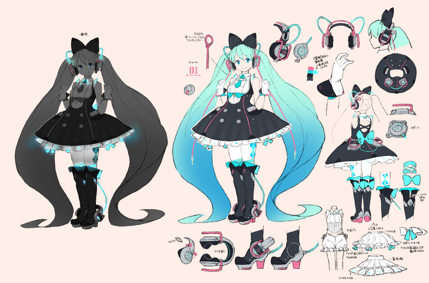 absurdres aqua_bow aqua_hair aqua_neckwear argyle argyle_legwear bare_back bare_shoulders black_skirt bloomers boots bow bowtie cable character_sheet commentary facing_viewer framed_breasts frilled_skirt frills from_behind gloves gradient_hair hair_ornament hands_up hatsune_miku headphones highres hoop_skirt knee_boots lena_(zoal) long_hair magical_mirai_(vocaloid) multicolored_hair necktie neon_lights official_art short_necktie skirt smile thigh-highs twintails underwear very_long_hair vocaloid white_bloomers white_gloves white_legwear