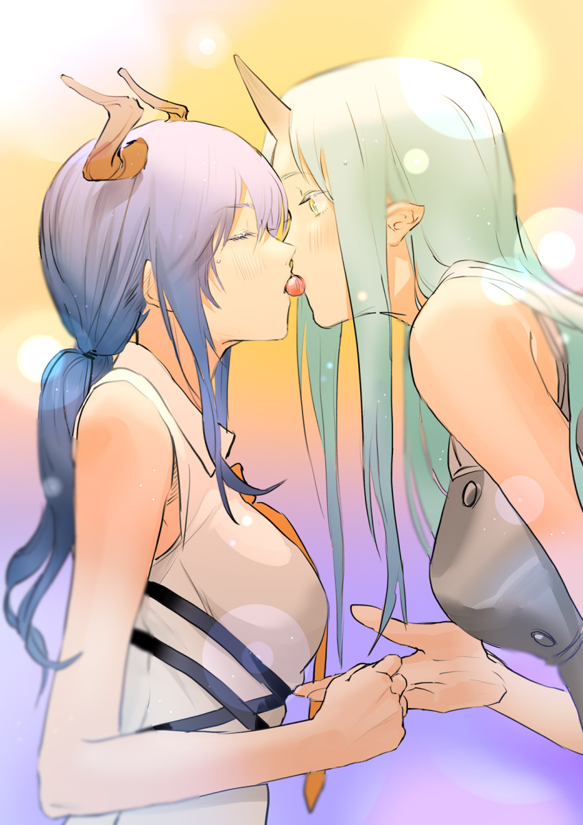 2girls arknights bangs bare_shoulders blue_hair blush breasts ch'en_(arknights) closed_eyes collared_shirt commentary french_kiss from_side green_hair highres horn horns hoshiguma_(arknights) kiss large_breasts long_hair low_ponytail multiple_girls necktie oni_horns pointy_ears shirt sleeveless sleeveless_shirt tongue tongue_out yellow_eyes yichuan yuri