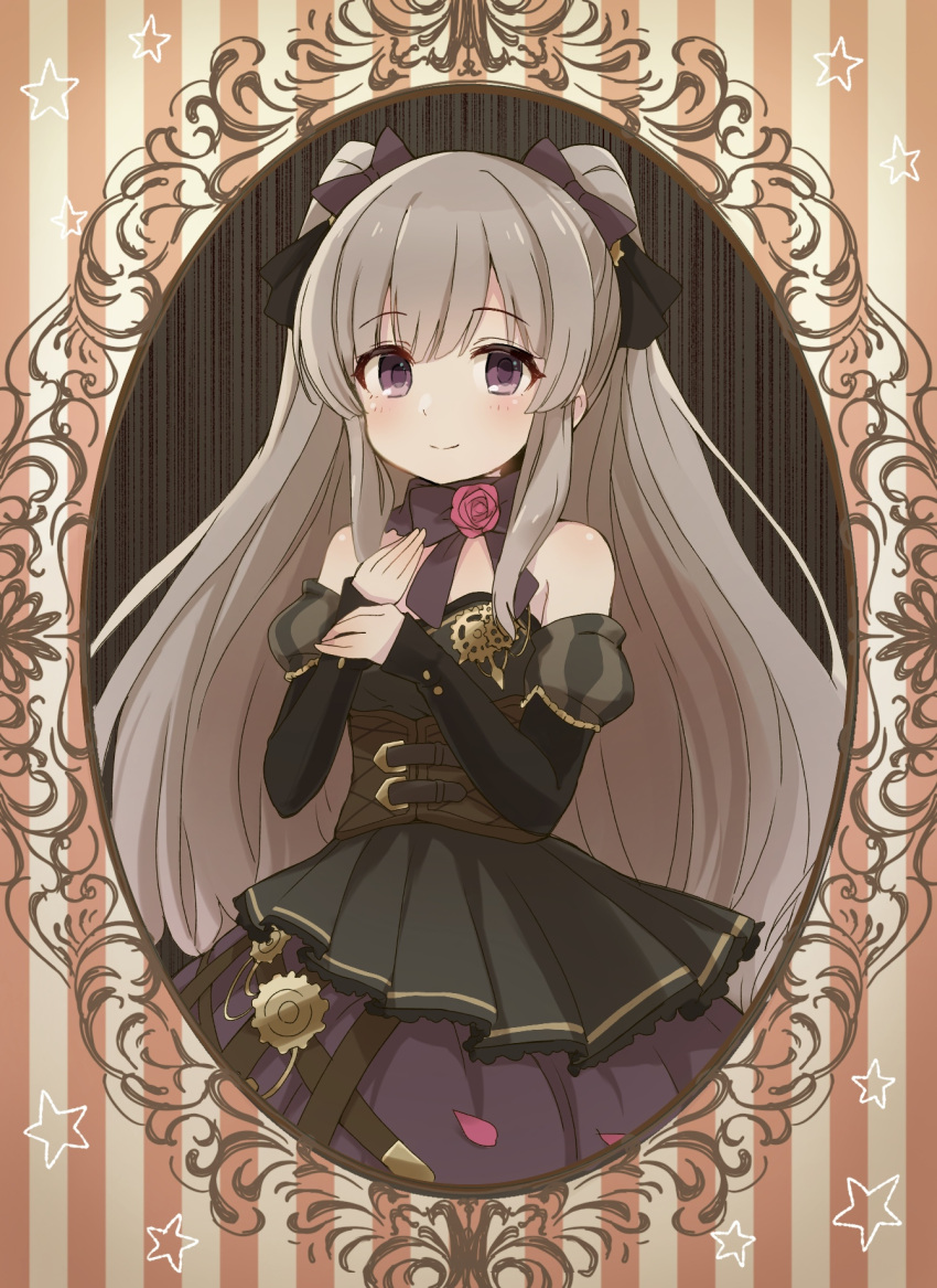 1girl bangs bare_shoulders black_dress black_sleeves blush bow closed_mouth ddak5843 detached_sleeves dress eyebrows_visible_through_hair flower grey_hair hair_bow hands_up highres idolmaster idolmaster_shiny_colors long_hair long_sleeves puffy_short_sleeves puffy_sleeves purple_bow purple_skirt red_flower red_rose rose short_over_long_sleeves short_sleeves sidelocks skirt sleeves_past_wrists smile solo star striped striped_background two_side_up vertical-striped_background vertical_stripes very_long_hair violet_eyes yuukoku_kiriko
