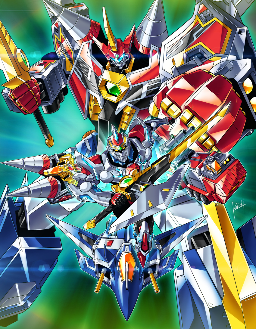 1boy acceptor aircraft airplane armor breastplate cannon character_request commentary drill drill_tank full_armor full_powered_gridman gauntlets glowing glowing_eye green_background gridman_(ssss) gridman_calibur helmet highres holding holding_sword holding_weapon horn horned_helmet horns jet kouichi_(kouichi-129) male_focus mecha no_humans no_pupils plate_armor pose shoulder_cannon solo ssss.gridman sword tokusatsu visor visor_(armor) weapon yellow_eyes
