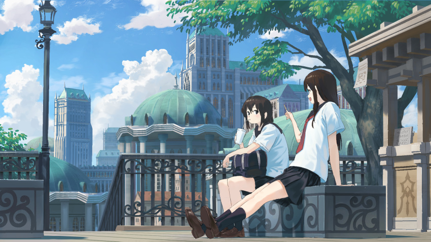 2girls :d arm_support bag bendy_straw black_eyes black_hair black_legwear black_sailor_collar black_skirt blue_sky blush brown_footwear brown_hair building cathedral city clouds cloudy_sky commentary_request cup day disposable_cup dome drinking drinking_straw highres holding holding_cup ironwork lamppost loafers long_hair looking_at_another multiple_girls necktie open_mouth original outdoors outstretched_legs pleated_skirt railing red_neckwear sailor_collar school_bag school_uniform serafuku shirt shoe_soles shoes short_sleeves sitting skirt sky smile socks talking tree wasabi60 white_shirt wide_shot