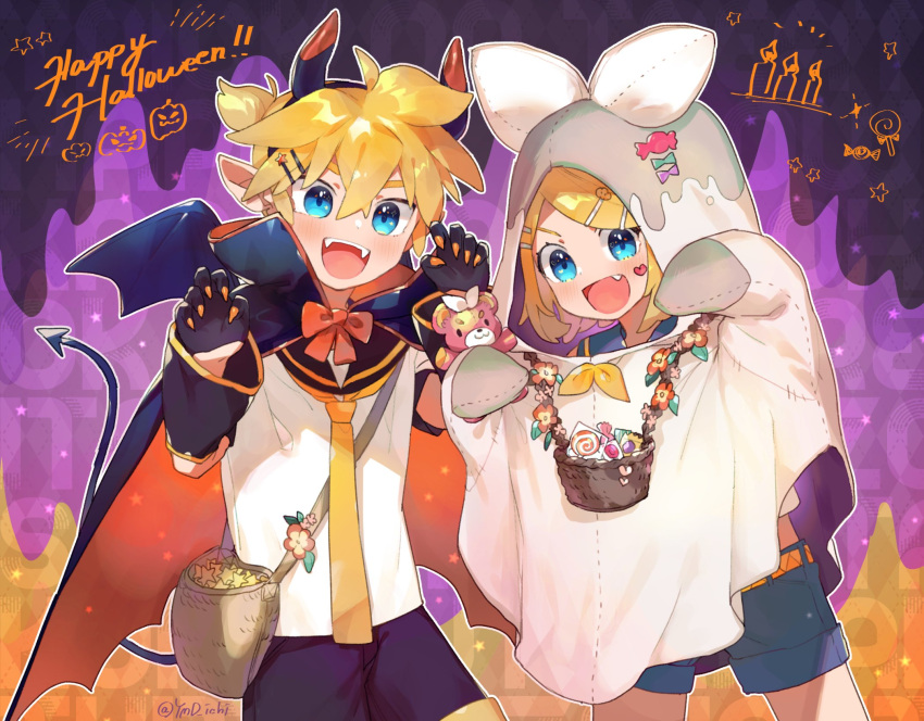 1boy 1girl bag bangs basket bat_wings black_collar black_shorts black_sleeves blonde_hair blue_eyes bow bowtie candle candy cape collar commentary cowboy_shot demon_tail detached_sleeves fang fangs flower food ghost_costume hair_bow hair_ornament hairclip halloween happy_halloween heart highres jack-o'-lantern kagamine_len kagamine_rin lollipop looking_at_viewer necktie open_mouth paw_pose red_bow sailor_collar school_uniform shirt short_hair short_ponytail short_shorts shorts shoulder_bag siblings smile spiky_hair swept_bangs tail twins vampire_costume vocaloid white_bow white_shirt wings yamada_ichi yellow_neckwear