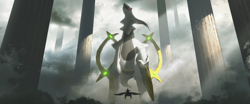 absurdres arceus asteroid_ill blurry clouds feathers flygon gen_3_pokemon gen_4_pokemon highres legendary_pokemon light light_rays looking_down pillar pokemon pokemon_(creature) pokemon_trainer red_eyes shaded_face shadow size_difference sunbeam sunlight wings
