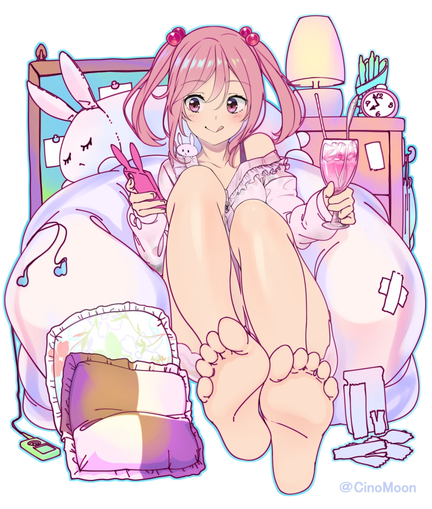 1girl :p animal_ears barefoot blush board cellphone clock cup dress drink drinking_glass drinking_straw earphones eyebrows eyebrows_visible_through_hair eyelashes feet hair_bobbles hair_ornament highres kantai_collection legs legs_together media_player off_shoulder pencil_case phone phone_with_ears pillow pink_dress pink_eyes pink_hair rabbit rabbit_ears sazanami_(kantai_collection) shinomu_(cinomoon) short_hair sitting smartphone smartphone_case soles solo spoon stuffed_animal stuffed_bunny stuffed_toy toes tongue tongue_out twintails twitter_username