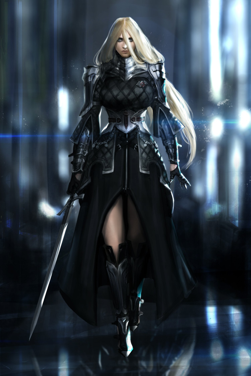 1girl angelise_reiter armor armored_dress backlighting black_dress blush boots borrowed_character breasts commentary commission corset crest dress english_commentary eyeshadow final_fantasy final_fantasy_xiv front_slit gauntlets giulia_carli greaves grey_eyes hair_between_eyes highres holding holding_sword holding_weapon hyur knee_boots large_breasts lens_flare lips long_dress long_hair looking_at_viewer makeup mascara nose over-kneehighs realistic shoulder_armor solo spaulders sword thigh-highs thighhighs_under_boots walking weapon zweihander