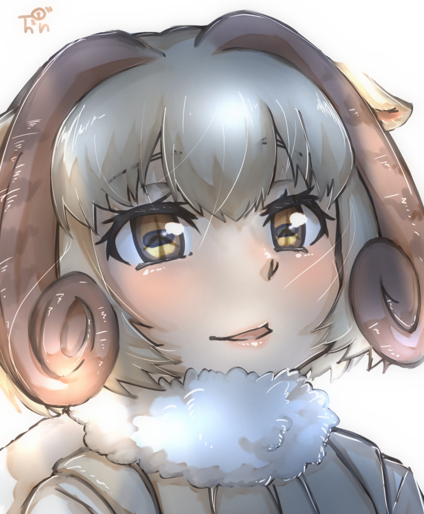 1girl animal_ears backlighting bangs blonde_hair commentary eye_reflection eyebrows_visible_through_hair face fur_collar highres horizontal_pupils horns kemono_friends looking_away parted_lips portrait reflection sheep_(kemono_friends) sheep_ears sheep_girl sheep_horns short_hair simple_background smile solo thin_(suzuneya) white_background wind_turbine windmill yellow_eyes