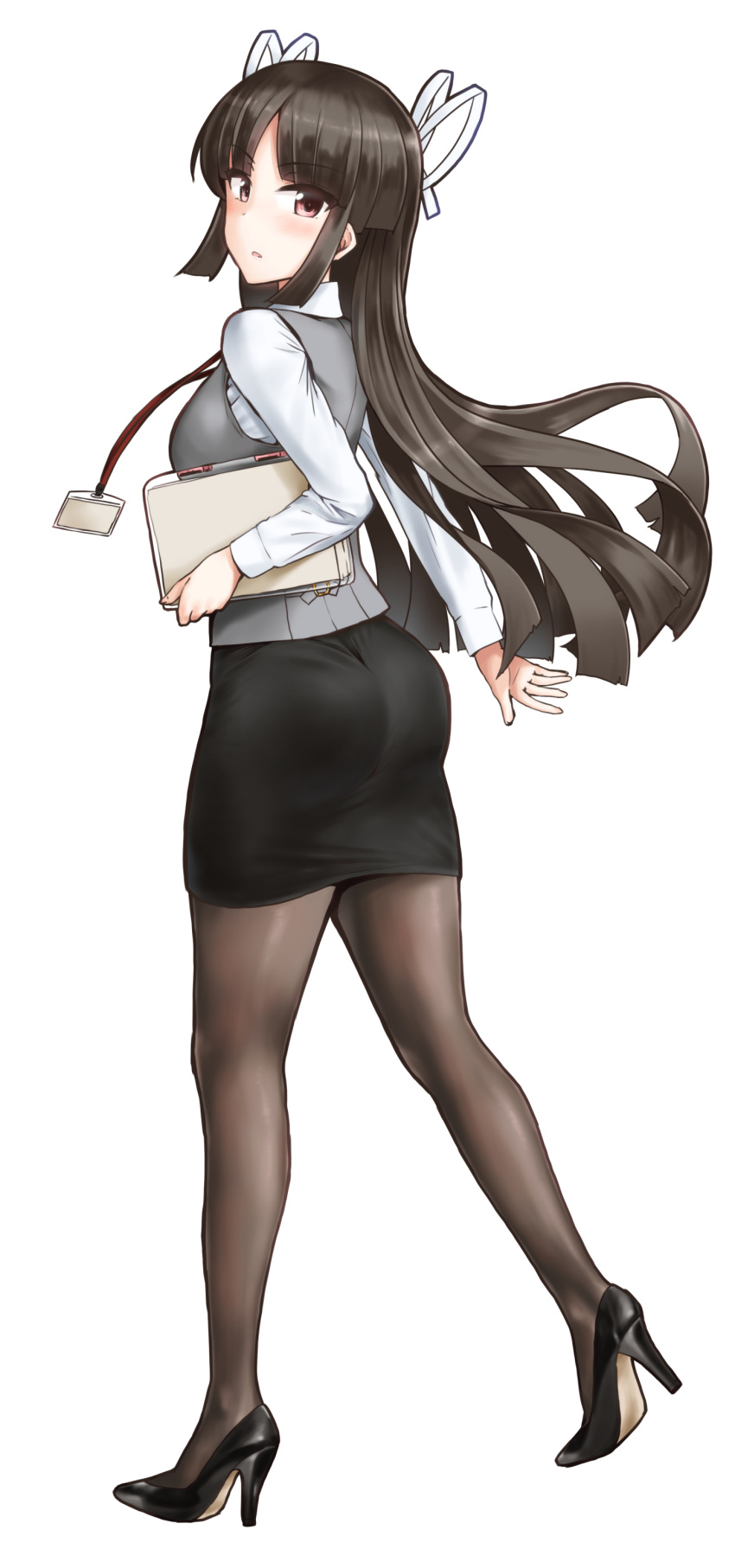 1girl :o absurdres alternate_costume ass back black_footwear black_hair breasts brown_eyes brown_legwear collared_shirt eyebrows_visible_through_hair formal full_body grey_vest hair_ribbon high_heels highres hime_cut hiyou_(kantai_collection) id_card kantai_collection long_hair long_sleeves looking_at_viewer looking_back medium_breasts minase_(takaoka_nanase) office_lady pantyhose papers pencil_skirt ribbon shirt skirt skirt_suit solo suit vest white_ribbon white_shirt