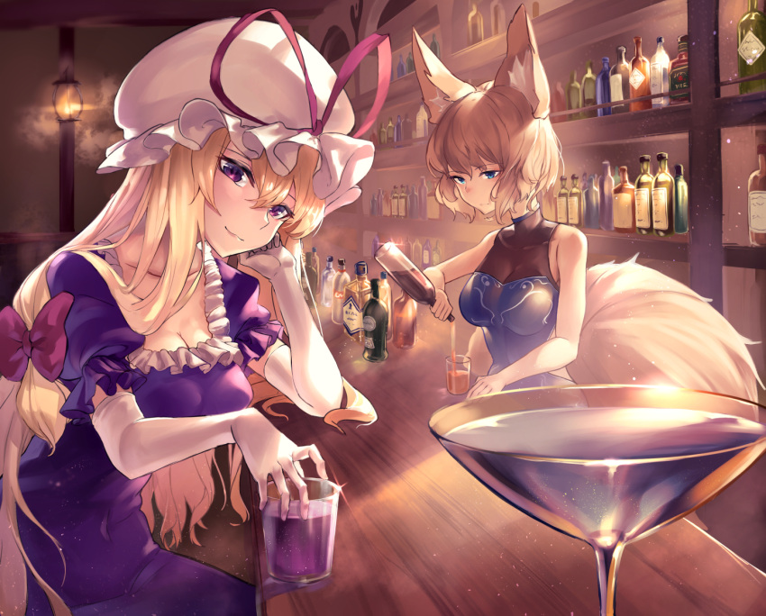 2girls alternate_eye_color amano_hagoromo animal_ear_fluff animal_ears bangs bar bare_arms bare_shoulders blonde_hair blue_dress blue_hair bottle bow breasts collarbone commentary_request counter cup dress drinking_glass elbow_gloves fox_ears fox_tail frills gloves hair_between_eyes hair_bow hand_up hat hat_ribbon head_tilt holding holding_bottle indoors lantern liquor long_hair looking_at_viewer medium_breasts mob_cap multiple_girls no_hat no_headwear pouring puffy_short_sleeves puffy_sleeves purple_dress red_bow red_ribbon ribbon short_sleeves sleeveless sleeveless_dress smile sparkle tail touhou violet_eyes white_gloves white_headwear wine_glass yakumo_ran yakumo_yukari