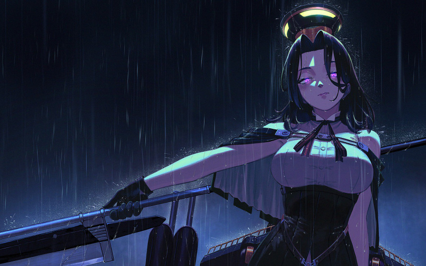 1girl bare_shoulders black_gloves breasts capelet closed_mouth glaive gloves glowing glowing_eyes hair_intakes highres holding holding_weapon kantai_collection large_breasts lips mechanical_halo night outdoors purple_hair rain remodel_(kantai_collection) ribbon rigging short_hair sleeveless solo tatsuta_(kantai_collection) violet_eyes wavy_hair weapon yue_(tada_no_saboten)