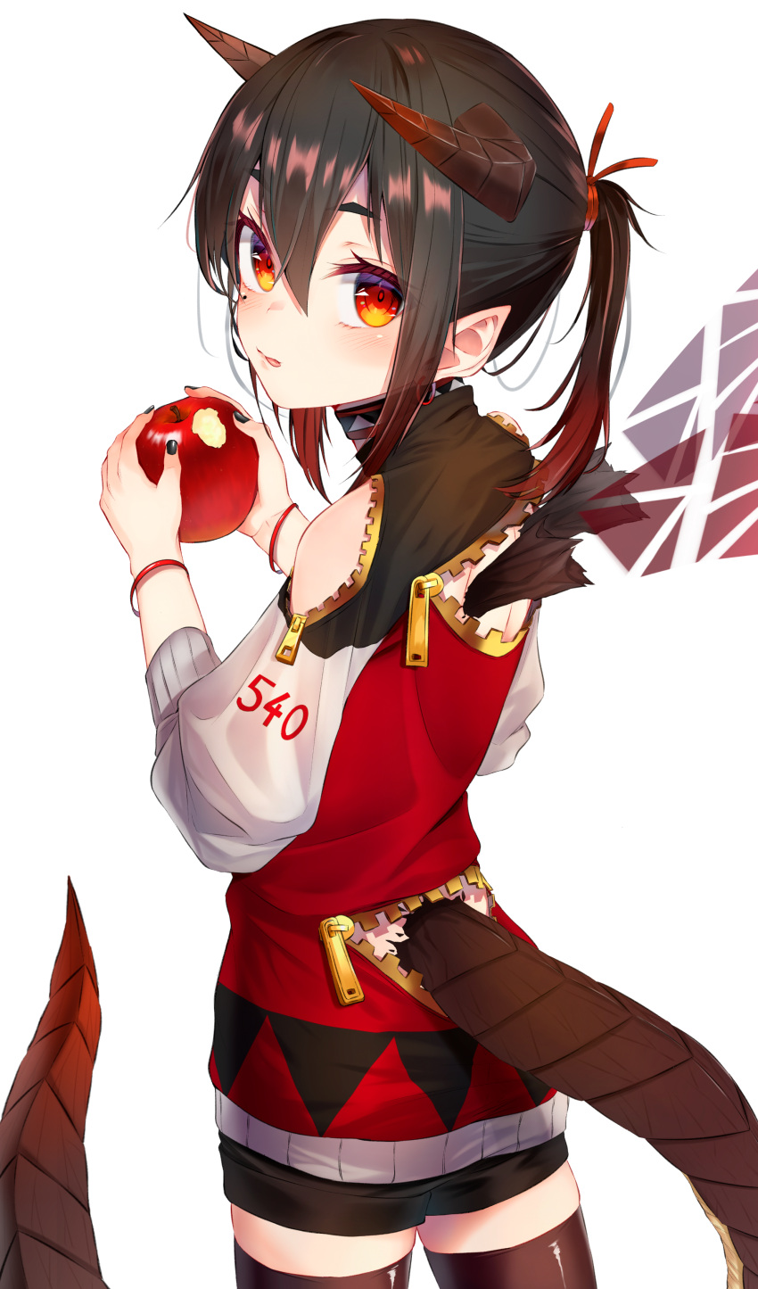 1girl absurdres apple ass bare_shoulders black_hair black_legwear black_nails black_shorts blush commentary_request dragon_tail eating food from_behind fruit hair_between_eyes highres holding holding_food holding_fruit horns jun_(540000000000000) looking_at_viewer multicolored_hair original personification pointy_ears ponytail red_eyes redhead short_shorts shorts simple_background solo tail thigh-highs two-tone_hair white_background wings zipper