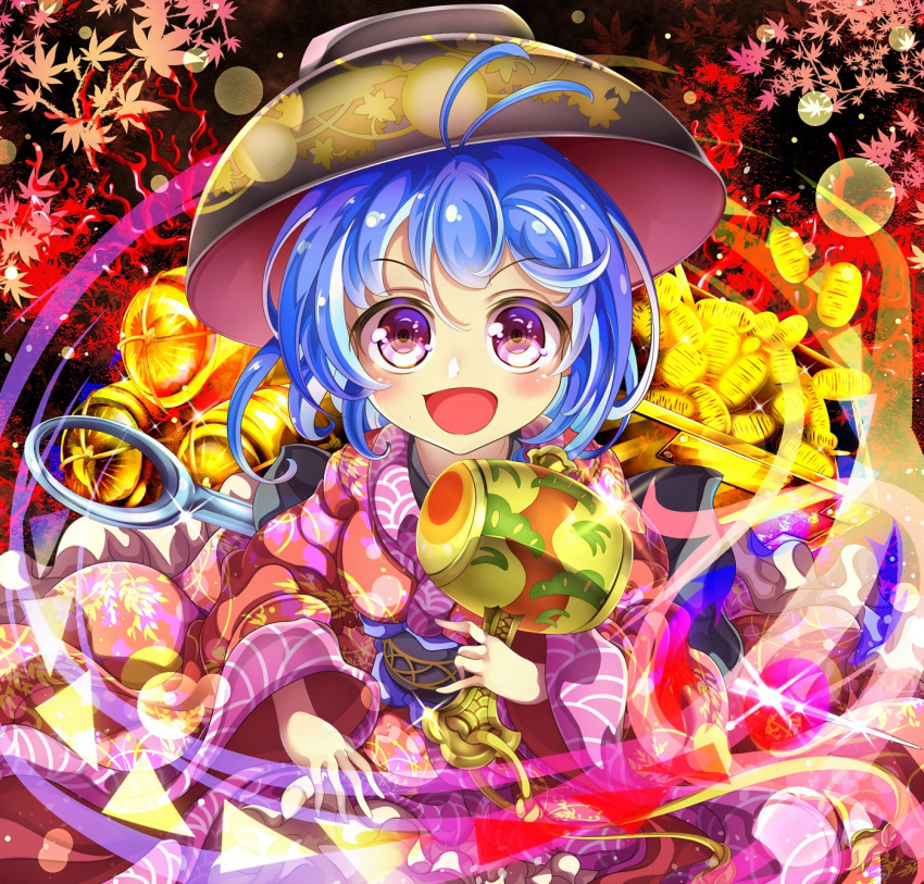 1girl :d ahoge blue_hair blush bowl bowl_hat chest chibi coin english_commentary glint hat highres holding_mallet japanese_clothes kana_(user_rkuc4823) kimono leaf light_trail long_sleeves looking_at_viewer maple_leaf miracle_mallet mixed-language_commentary needle obi open_mouth sash short_hair smile solo sukuna_shinmyoumaru touhou violet_eyes