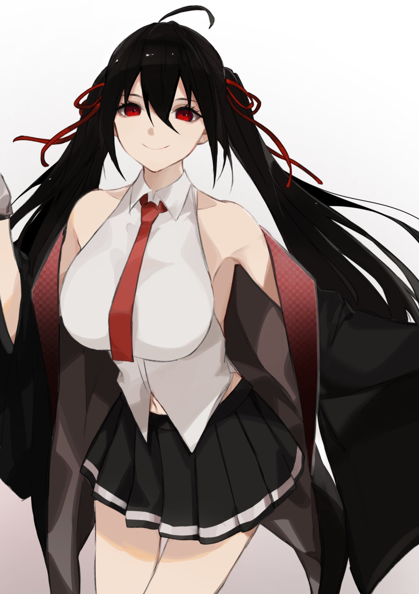 1girl ahoge animal_ears azur_lane bangs bare_shoulders black_hair breasts closed_mouth collarbone commentary_request cosplay enterprise_(azur_lane) enterprise_(azur_lane)_(cosplay) floating_hair gloves gradient gradient_background hair_between_eyes hair_ribbon highres large_breasts long_hair looking_at_viewer necktie red_eyes red_neckwear red_ribbon ribbon rrr_ato shirt sleeveless sleeveless_shirt smile solo taihou_(azur_lane) tied_hair twintails very_long_hair white_shirt