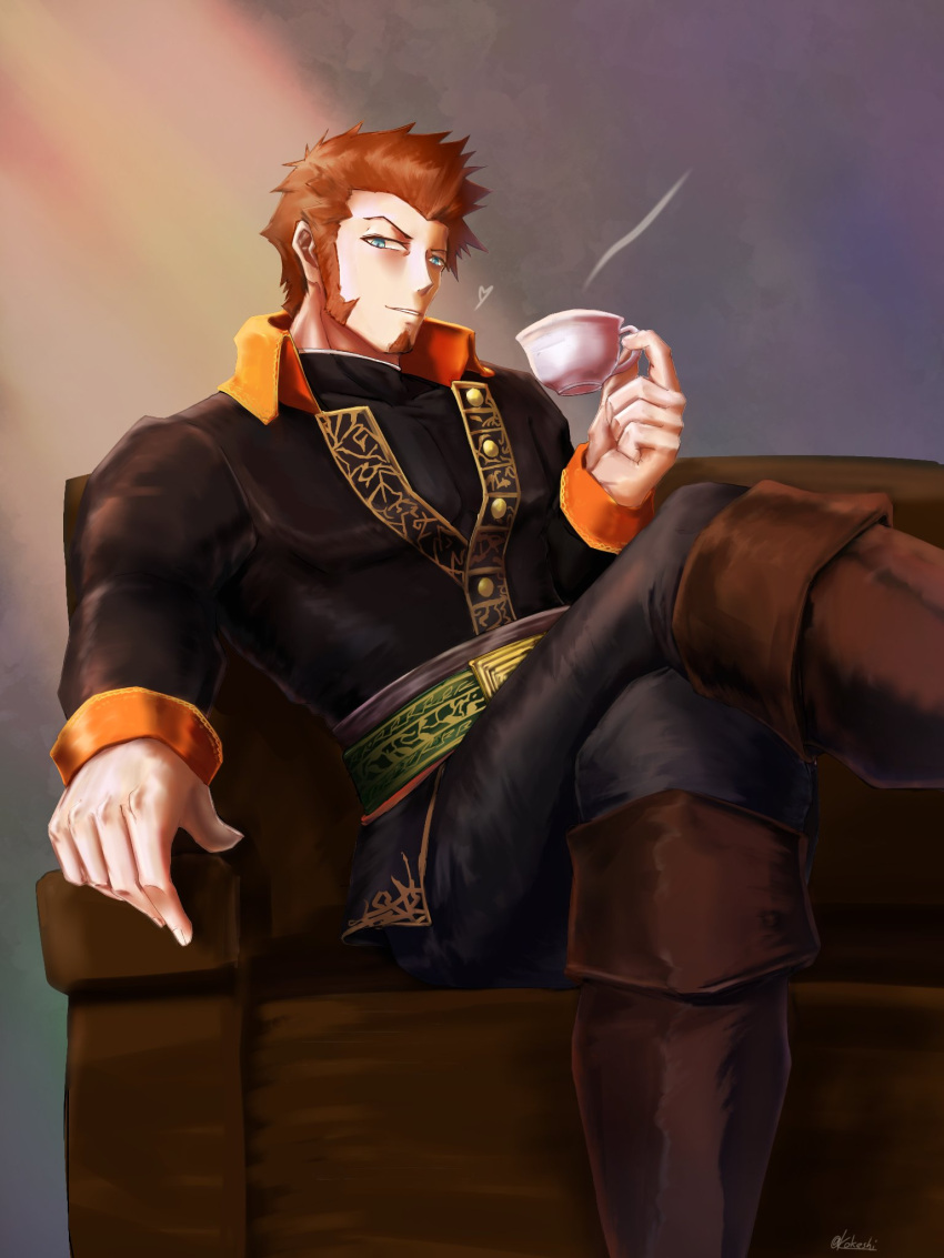 1boy alternate_costume belt blue_eyes boots brown_hair chest coffee_cup couch crossed_legs cup disposable_cup facial_hair fate/grand_order fate_(series) full_body highres kokeshi_3rd long_sleeves looking_at_viewer male_focus muscle simple_background sitting solo tight_top
