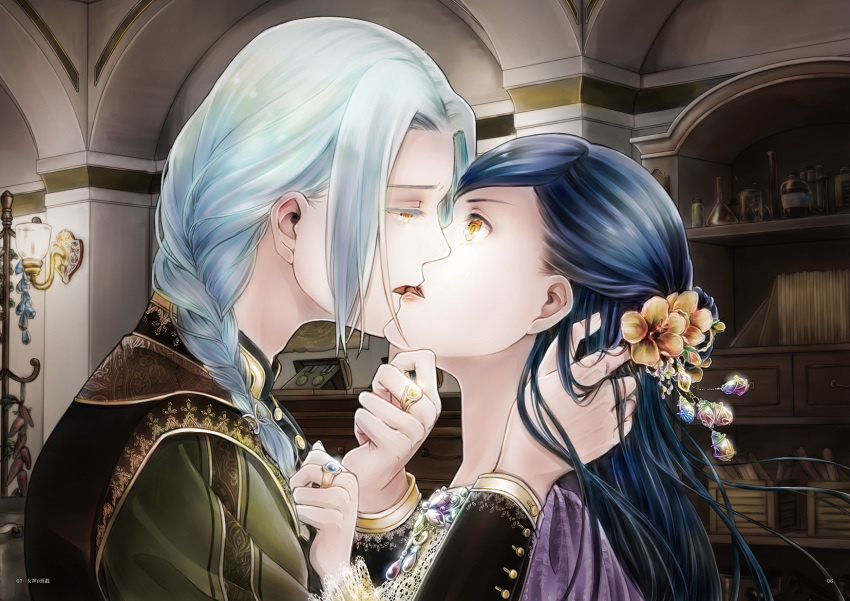 1boy 1girl blue_hair bottle braid carrot colored_eyelashes crate embroidery eye_contact ferdinand_(honzuki_no_gekokujou) flask flower formal from_side hair_bun hair_flower hair_ornament hair_over_shoulder hair_tubes half-closed_eyes half_updo hand_in_another's_hair hand_on_another's_chest hand_on_another's_head hetero highres honzuki_no_gekokujou indoors jewelry kiss lace lamp long_hair long_sleeves looking_at_another maine_(honzuki_no_gekokujou) map medal necklace parted_lips portrait profile ring scroll seki_rice shelf single_braid surprise_kiss surprised vest yellow_eyes
