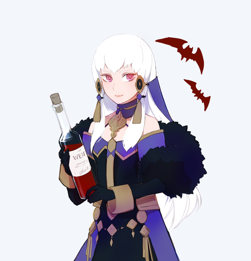 1girl black_gloves bottle closed_mouth fire_emblem fire_emblem:_three_houses gloves hair_ornament highres holding long_hair lysithea_von_ordelia mamegohan pink_eyes simple_background solo upper_body white_hair wine_bottle