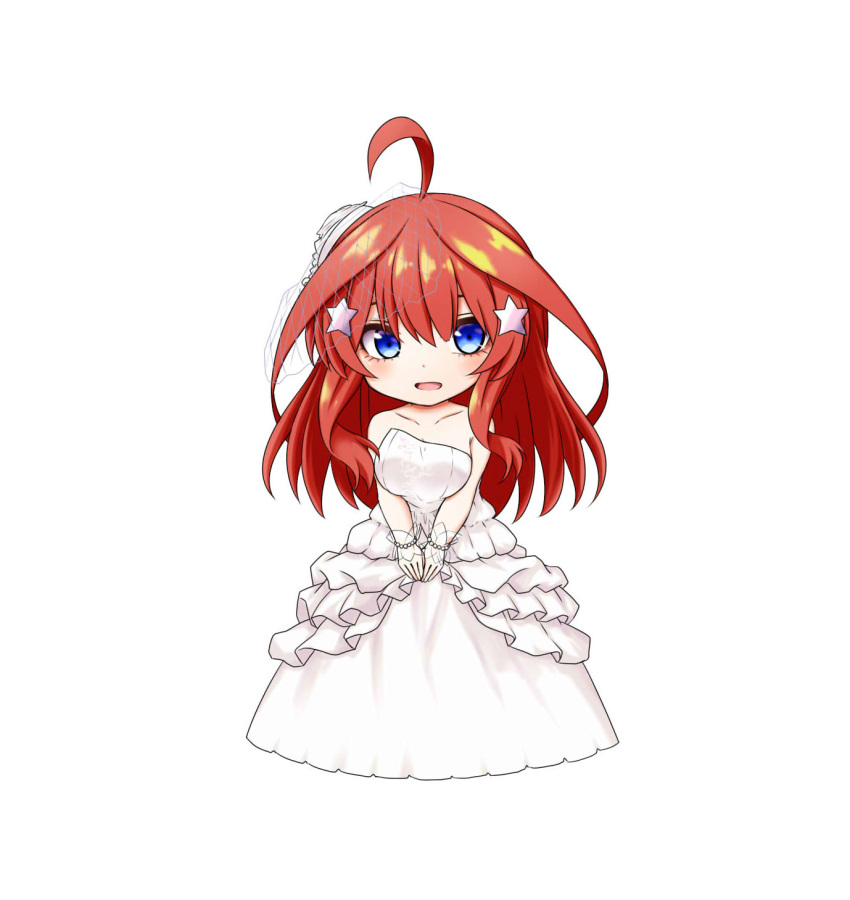 1girl ahoge bangs bare_shoulders blush breasts collarbone dress eyebrows_behind_hair full_body go-toubun_no_hanayome hair_between_eyes hair_ornament hands_together highres kuena long_hair looking_at_viewer medium_breasts nakano_itsuki open_mouth own_hands_together redhead simple_background solo standing star star_hair_ornament strapless strapless_dress v_arms veil very_long_hair wedding_dress white_background white_dress wrist_cuffs