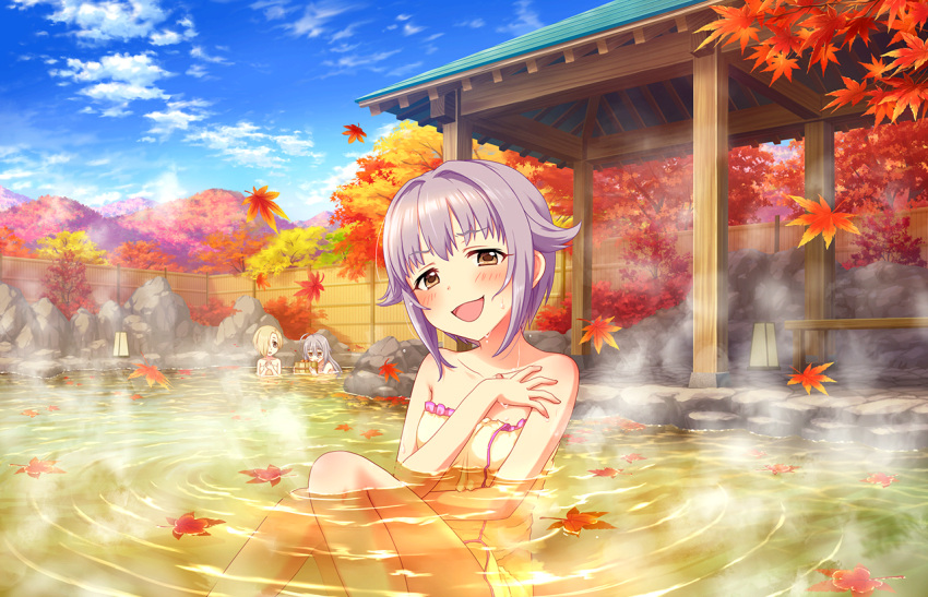 autumn blush brown_eyes idolmaster_cinderella_girls_starlight_stage koshimizu_sachiko onsen purple_hair short_hair smile towel