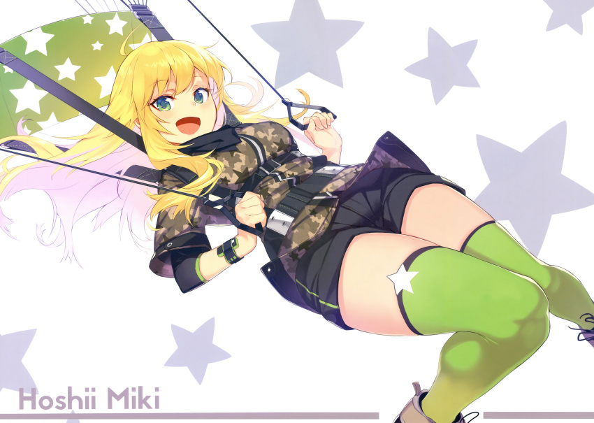 1girl :d ahoge bandana blonde_hair breasts camouflage character_name eyebrows_visible_through_hair green_eyes green_legwear harness highres hoshii_miki idolmaster idolmaster_(classic) knees_together_feet_apart long_hair looking_at_viewer medium_breasts open_mouth parachute satori0121 scan short_shorts shorts sidelocks simple_background smile solo stitched thigh-highs third-party_edit wristband