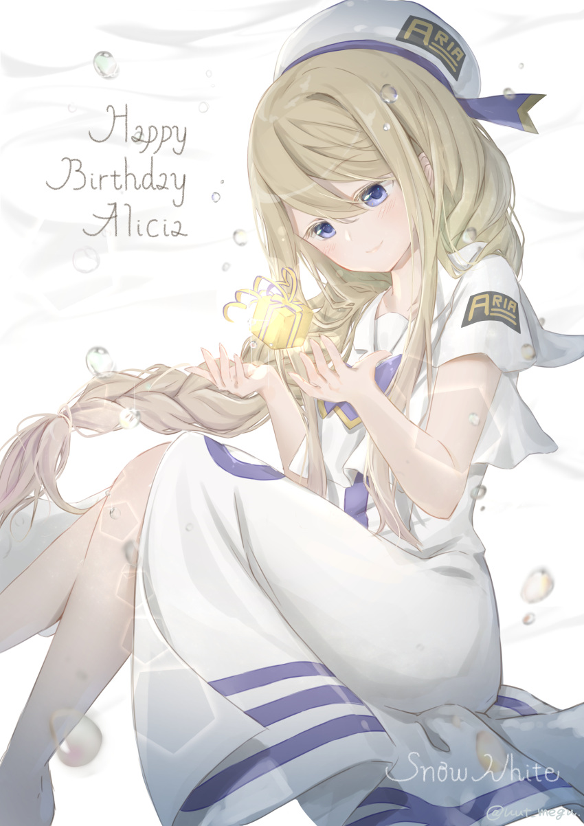 1girl absurdres alicia_florence aria aria_company_uniform beret birthday blonde_hair blue_eyes blush box braid dress gift gift_box hair_between_eyes happy_birthday hat highres long_hair nut_megu sailor_collar short_sleeves single_braid smile solo twintails underwater uniform very_long_hair