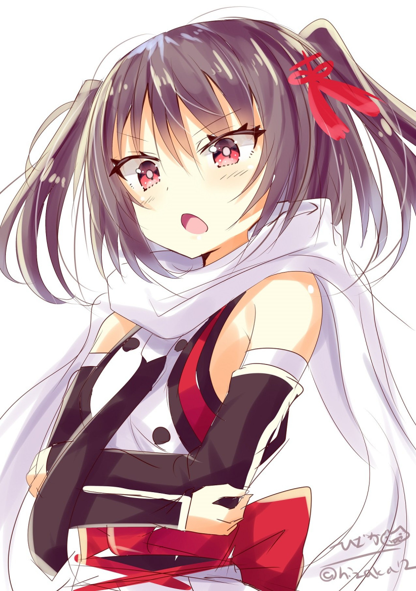 1girl black_gloves black_hair blush elbow_gloves eyebrows_visible_through_hair fingerless_gloves gloves hair_ornament highres hizaka kantai_collection looking_at_viewer open_mouth red_eyes remodel_(kantai_collection) scarf school_uniform sendai_(kantai_collection) serafuku short_hair simple_background solo twitter_username two_side_up white_background white_scarf