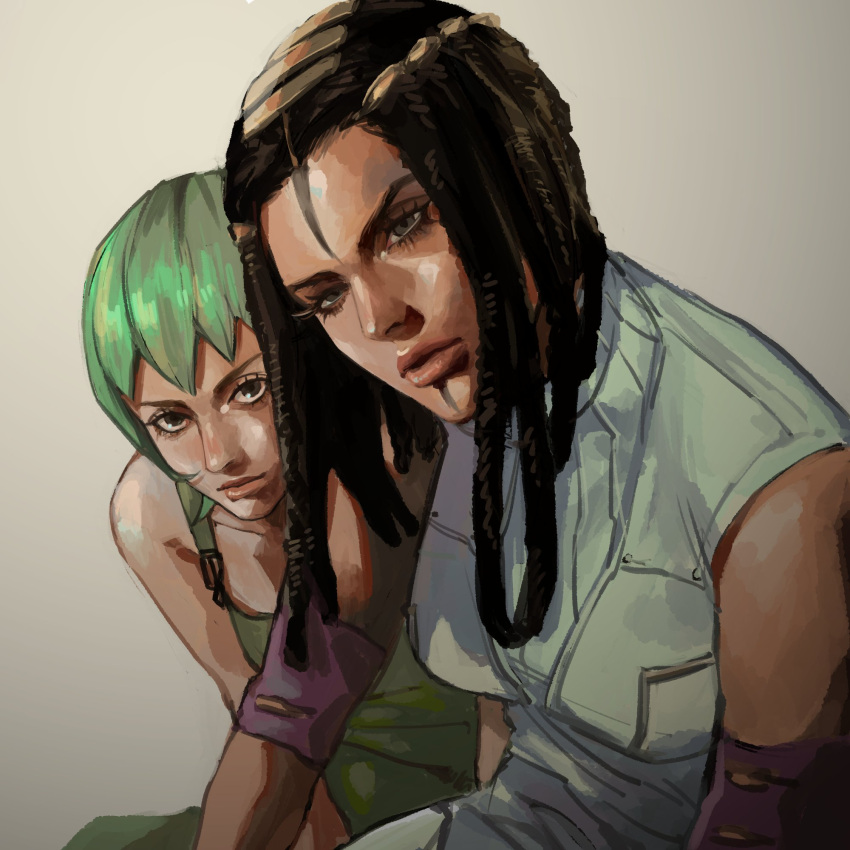 2girls black_hair ermes_costello eyelashes foo_fighters green_eyes green_hair hairlocs highres jojo_no_kimyou_na_bouken lipstick looking_at_viewer makeup meron_nouka multiple_girls overalls parted_lips scar short_hair sleeveless stone_ocean upper_body