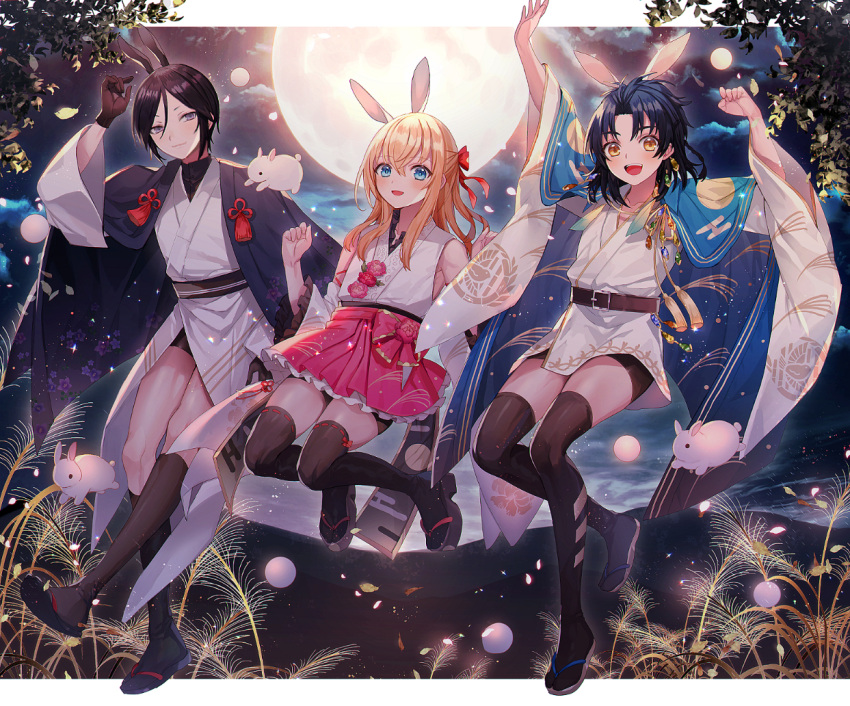 3boys :d abandon_ranka animal_ears black_gloves black_hair black_legwear blonde_hair blue_eyes blue_hair clouds cloudy_sky detached_sleeves extra_ears full_moon gem gloves hair_ribbon japanese_clothes kemonomimi_mode kimono kimono_skirt kneehighs male_focus midare_toushirou moon multiple_boys night night_sky open_mouth otoko_no_ko petals rabbit rabbit_ears ribbon sandals shorts sky smile taikogane_sadamune tassel thigh-highs touken_ranbu violet_eyes yagen_toushirou yellow_eyes