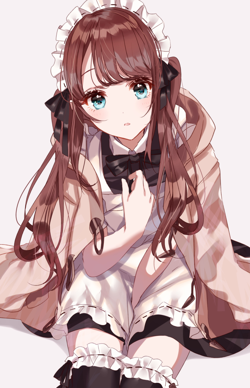 1girl apron bangs between_legs black_dress black_legwear black_ribbon blue_eyes brown_coat brown_hair coat collared_shirt commentary_request dress eyebrows_behind_hair frilled_legwear hair_ribbon hand_between_legs hand_up head_tilt highres jacket_on_shoulders long_hair looking_at_viewer maid_headdress misumi_(macaroni) open_clothes open_coat original parted_lips ribbon shirt sitting solo thigh-highs very_long_hair white_apron white_shirt