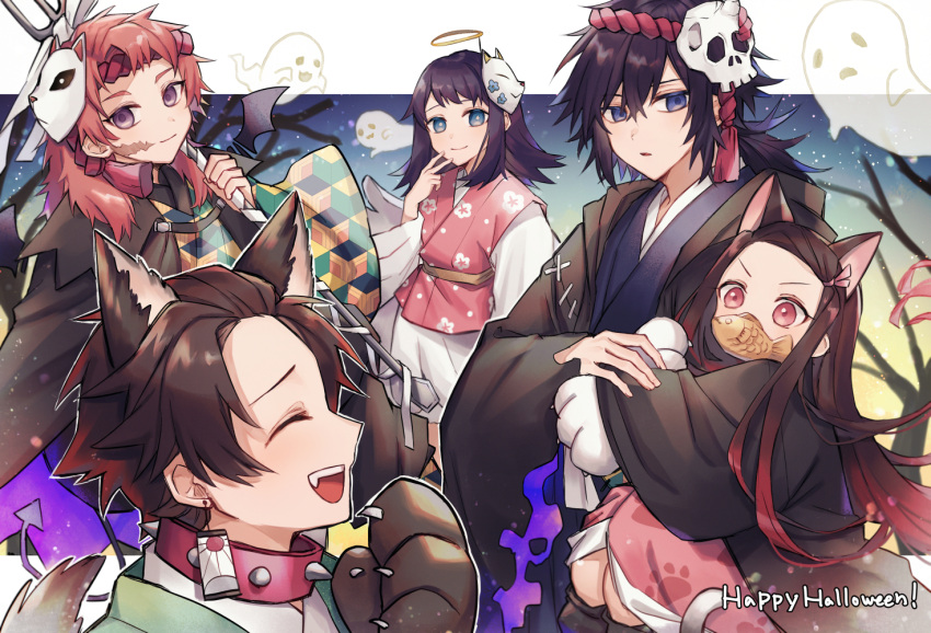 .com_(cu_105) 2girls 3boys :d ^_^ animal_ears bangs bare_tree black_gloves black_wings blue_eyes blue_kimono brown_hair closed_eyes closed_mouth collar commentary_request demon_boy demon_tail demon_wings detached_wings earrings eyebrows_visible_through_hair facial_scar fake_halo fang food forehead fox_mask ghost gloves gradient_hair hair_between_eyes happy_halloween holding japanese_clothes jewelry kamado_nezuko kamado_tanjirou kemonomimi_mode kimetsu_no_yaiba kimono long_hair long_sleeves low_ponytail makomo_(kimetsu) mask mask_on_head mini_wings mouth_hold multicolored_hair multiple_boys multiple_girls open_clothes open_mouth parted_bangs parted_lips paw_gloves paw_print paws pink_kimono polearm ponytail print_kimono profile red_collar red_eyes redhead sabito_(kimetsu) scar scar_on_cheek skull_mask sleeves_past_wrists smile spiked_collar spikes tail taiyaki tomioka_giyuu tree trident v-shaped_eyebrows very_long_hair wagashi weapon white_gloves wide_sleeves wings wolf_boy wolf_ears wolf_tail