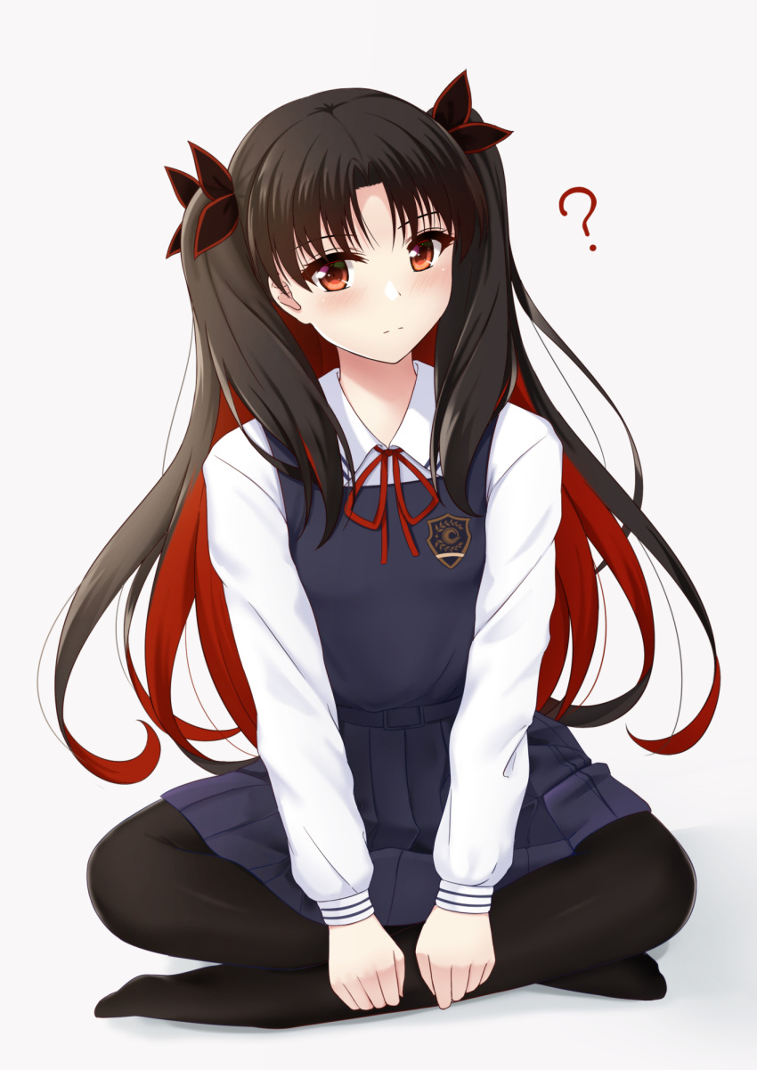 1girl ? bangs black_hair black_legwear black_ribbon blue_dress blush breasts closed_mouth collared_shirt dress dress_shirt fate/grand_order fate_(series) hair_ribbon highres indian_style ishtar_(fate/grand_order) long_hair long_sleeves looking_at_viewer multicolored_hair pantyhose parted_bangs pleated_skirt red_eyes redhead ribbon rko_(a470350510) shirt simple_background sitting skirt small_breasts solo space_ishtar_(fate) two-tone_hair two_side_up white_background white_shirt younger