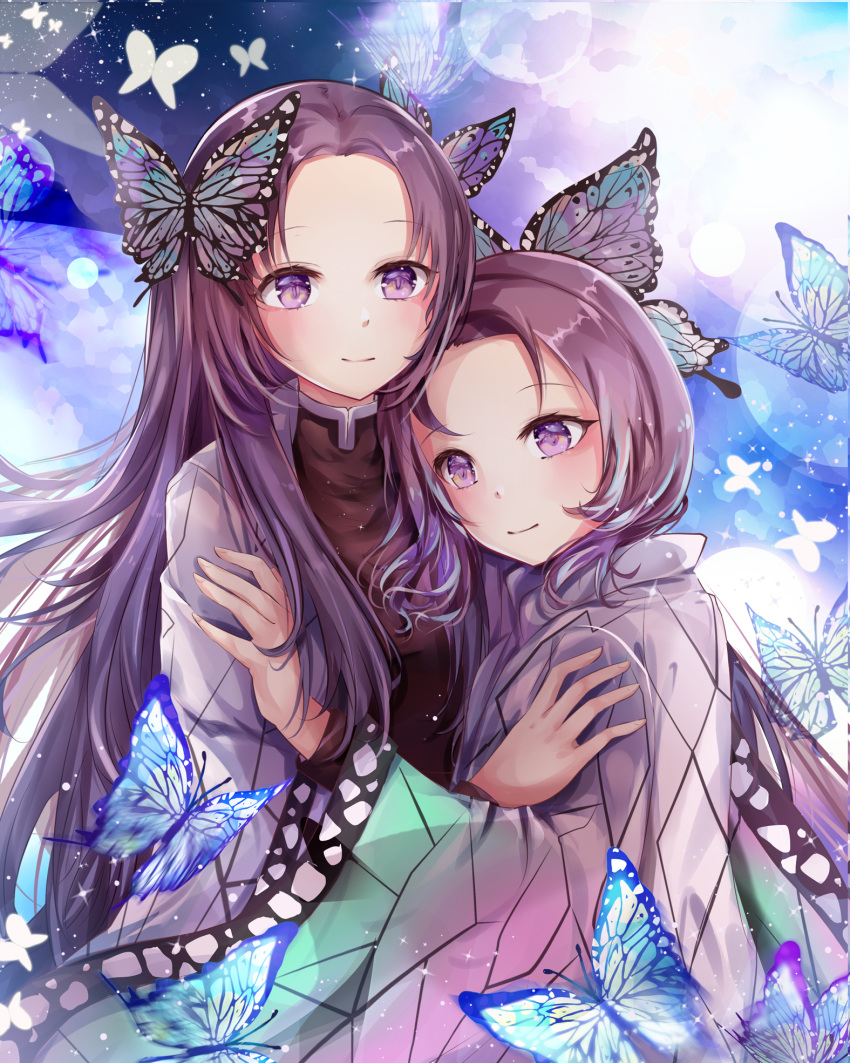 2girls bangs black_jacket blue_butterfly blush bug butterfly butterfly_hair_ornament character_request closed_mouth commentary_request fingernails forehead hair_ornament highres insect jacket kimetsu_no_yaiba kochou_shinobu long_hair long_sleeves multiple_girls mutang open_clothes parted_bangs purple_hair smile very_long_hair violet_eyes white_butterfly wide_sleeves