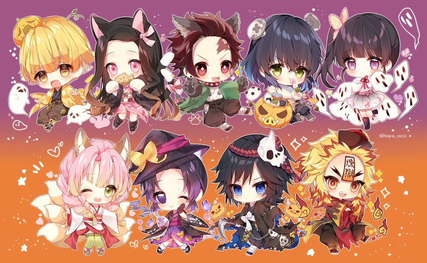 4girls 5boys :d ;) ;d agatsuma_zenitsu animal_ear_fluff animal_ears bangs black_footwear black_gloves black_hair black_headwear black_kimono black_legwear black_pants blonde_hair blue_eyes blue_hair blush boots bow braid brown_background brown_hair brown_pants butterfly_hair_ornament chain chibi closed_mouth commentary_request dango diamond-shaped_pupils eating eyebrows_visible_through_hair facial_scar fangs food forehead forehead_scar fox_ears fox_girl fox_tail ghost ghost_costume gloves gradient gradient_background gradient_hair green_eyes green_hair green_legwear hair_between_eyes hair_ornament hakama_pants halloween halloween_basket hand_on_own_face hand_up hashibira_inosuke hat heart hitodama holding holding_food holding_weapon jack-o'-lantern japanese_clothes jiangshi kamado_nezuko kamado_tanjirou kanroji_mitsuri kemonomimi_mode kimetsu_no_yaiba kimono knee_boots kochou_shinobu kyuubi long_hair long_sleeves looking_at_viewer mask mask_on_head mouth_hold multicolored_hair multiple_boys multiple_girls multiple_tails notice_lines obi ofuda one_eye_closed onigiri open_clothes open_mouth outstretched_arms pants parted_bangs paw_gloves paw_pose paws pink_bow pink_eyes pink_hair pink_kimono pleated_skirt print_kimono puffy_pants pumpkin_hat purple_background purple_hair purple_kimono qing_guanmao red_eyes red_headwear red_ribbon redhead rengoku_kyoujurou ribbon round-bottom_flask round_teeth sakura_mochi sanshoku_dango sash scar screw screw_in_head senbei shirtless sickle side_ponytail skirt skull_mask sleeves_past_fingers sleeves_past_wrists smile sparkle spread_arms standing standing_on_one_leg star striped striped_legwear symbol-shaped_pupils tail taiyaki taya_5323203 teeth thigh-highs tomioka_giyuu torn_clothes tsuyuri_kanao twin_braids twitter_username two-tone_hair upper_teeth v-shaped_eyebrows vertical-striped_legwear vertical_stripes very_long_hair violet_eyes wagashi weapon white_gloves white_kimono white_legwear white_skirt wide_sleeves witch_hat wolf_boy wolf_ears wolf_tail yellow_eyes zombie_pose
