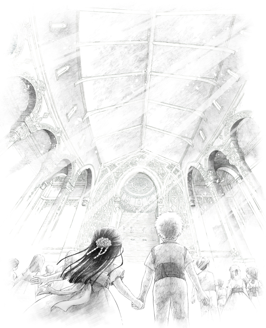 1boy 1girl absurdres back_bow bare_arms bow braid ceiling church dress extra facing_away from_behind greyscale hair_ornament half_updo highres holding_hands honzuki_no_gekokujou indoors long_hair long_sleeves lutz_(honzuki_no_gekokujou) maine_(honzuki_no_gekokujou) millipen_(medium) monochrome pants pillar sash short_sleeves stairs standing sunlight toto_(kinoko) traditional_media