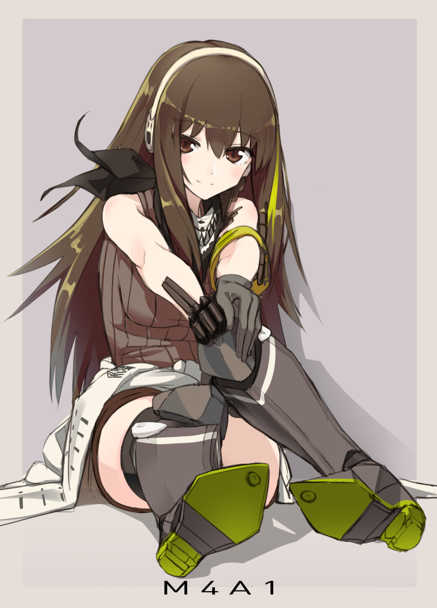 1girl armband brown_eyes brown_hair clothes_around_waist girls_frontline green_hair highres jacket jacket_around_waist long_hair m4a1_(girls_frontline) multicolored_hair scarf sitting smile solo streaked_hair sudo-bi thigh-highs
