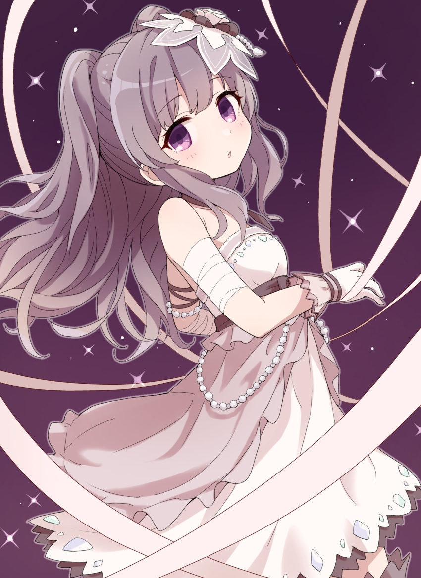 1girl bandaged_arm bandages bangs bare_shoulders blush ddak5843 dress eyebrows_visible_through_hair flower gloves grey_hair hair_flower hair_ornament highres idolmaster idolmaster_shiny_colors long_hair looking_at_viewer looking_to_the_side parted_lips purple_background rose sidelocks solo sparkle strapless strapless_dress two_side_up very_long_hair violet_eyes white_dress white_flower white_gloves white_rose yuukoku_kiriko