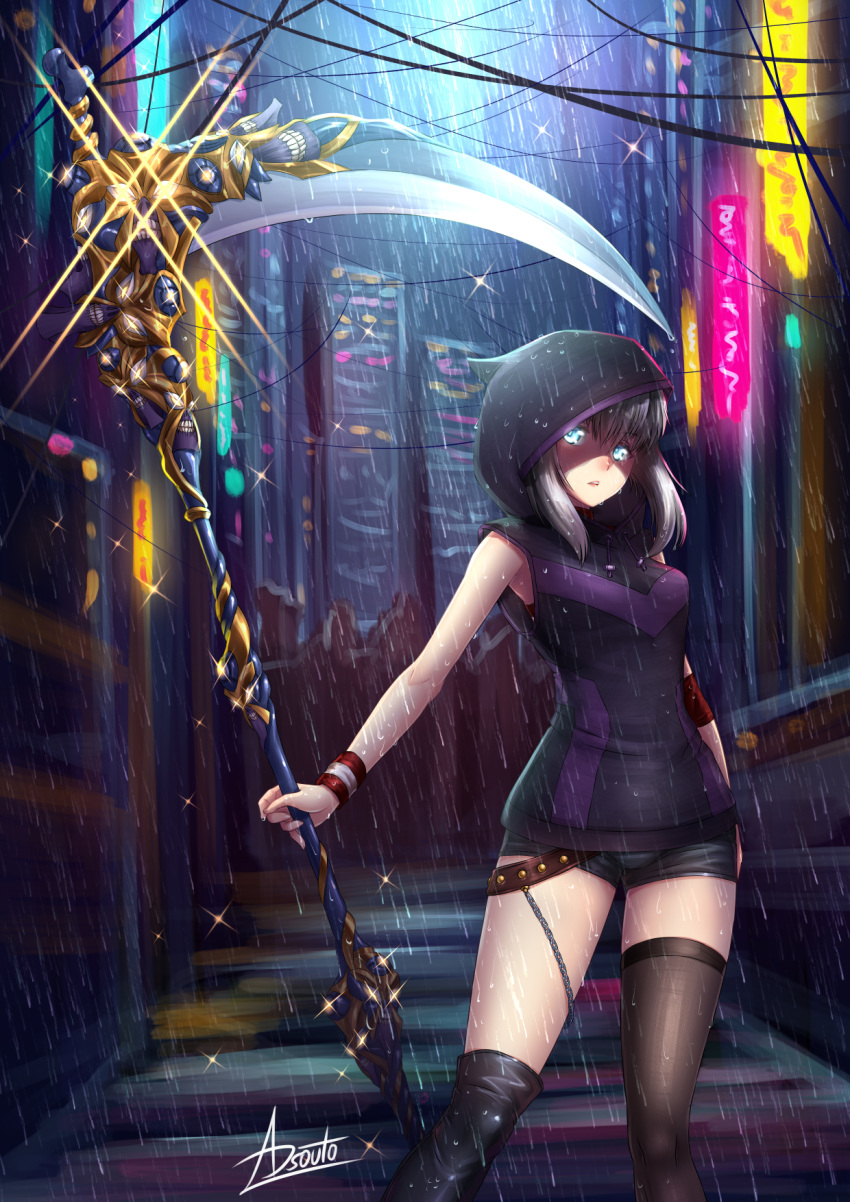 1girl asymmetrical_legwear black_footwear black_jacket black_legwear black_shorts boots cowboy_shot fate_(series) floating_hair gray_(lord_el-melloi_ii) highres holding holding_scythe hood hooded_jacket jacket looking_at_viewer lord_el-melloi_ii_case_files night outdoors parted_lips rain scythe shiny shiny_hair short_shorts shorts signature silver_hair single_thighhigh sleeveless sleeveless_jacket solo sparkle standing thigh-highs thigh_boots wristband