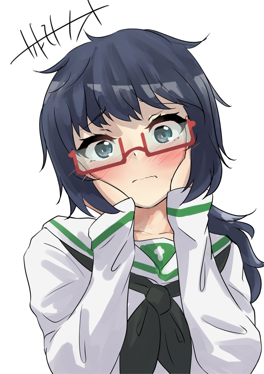 1girl 3: black_eyes black_hair blush girls_und_panzer hands_on_own_cheeks hands_on_own_face highres kakimoto_nao long_hair ooarai_school_uniform oryou_(girls_und_panzer) red-framed_eyewear school_uniform semi-rimless_eyewear serafuku solo under-rim_eyewear upper_body white_background