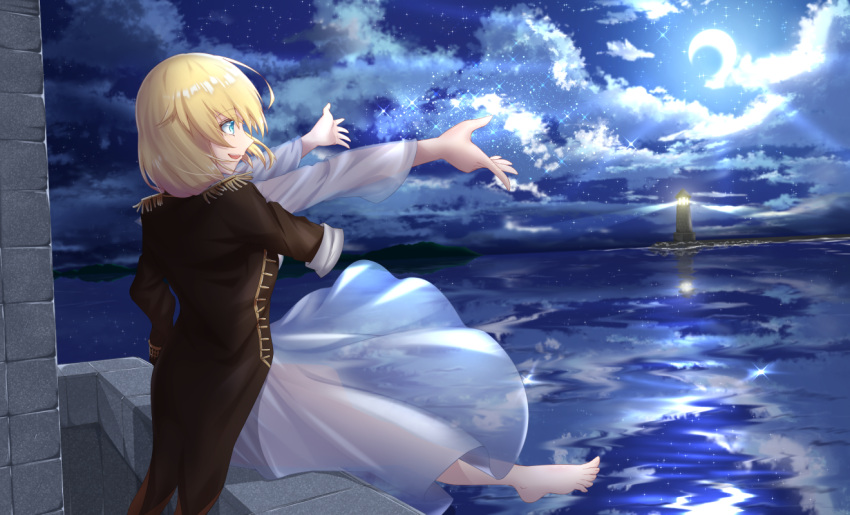 barefoot black_coat blonde_hair blue_eyes breasts large_breasts lighthouse lux_(pixiv4480548) moon night night_sky ocean outstretched_arms rodney_(warship_girls_r) shirt short_hair sitting sky smile toenails warship_girls_r