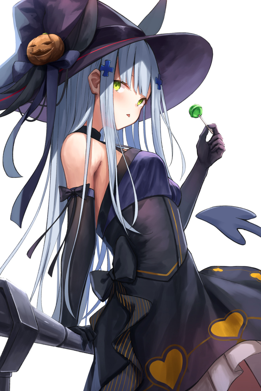 1girl alternate_costume bangs black_gloves blunt_bangs blush breasts candy dress eyebrows_visible_through_hair facial_mark fake_tail food girls_frontline gloves green_eyes hair_ornament halloween_costume hat highres hk416_(girls_frontline) holding holding_food knoy3356 leaning lollipop long_hair looking_at_viewer silver_hair solo tail teardrop tongue tongue_out very_long_hair witch_hat