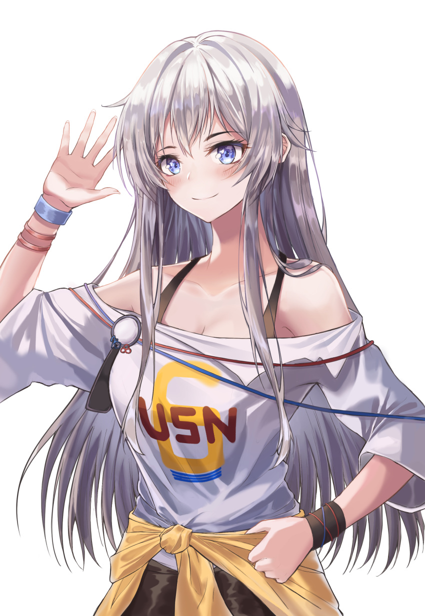 1girl absurdres alternate_costume apraxia azur_lane blue_eyes bracelet breasts brown_skirt clothes_around_waist cowboy_shot enterprise_(anniversary_ride)_(azur_lane) enterprise_(azur_lane) grey_hair hand_up highres jacket_around_waist jewelry large_breasts logo long_hair oversized_clothes rubber_band skirt smile solo tank_top white_background