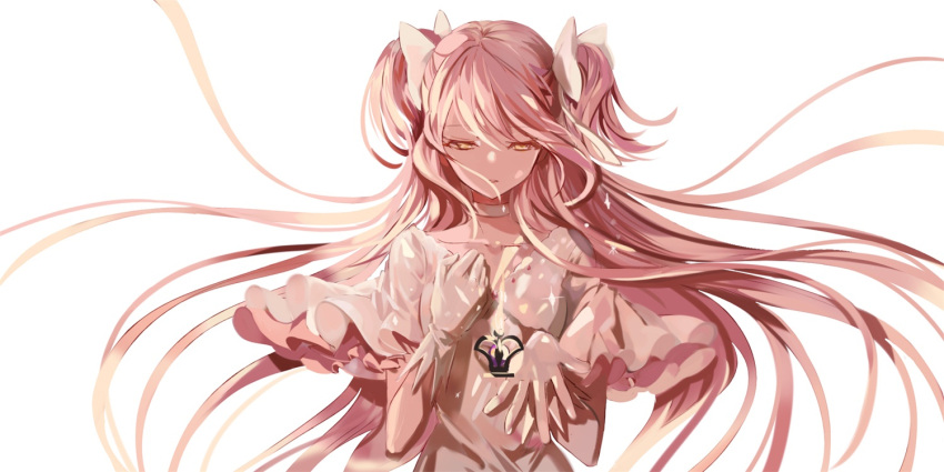 1girl absurdly_long_hair breasts choker clenched_hand collarbone dark_orb_(madoka_magica) dress expressionless eyebrows_visible_through_hair floating_hair frilled_sleeves frills gloves glowing goddess_madoka hair_between_eyes hair_ribbon half-closed_eyes hand_on_own_chest hand_up kaname_madoka long_hair looking_down mahou_shoujo_madoka_magica mahou_shoujo_madoka_magica_movie palms parted_lips pink_hair pink_theme ribbon sidelocks simple_background small_breasts solo sparkle spoilers straight_hair two_side_up upper_body very_long_hair white_background white_choker white_dress white_gloves white_ribbon wide_sleeves wttwj yellow_eyes